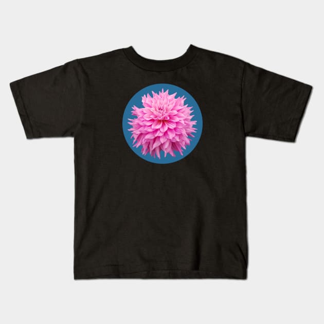 Hot Pink Ball Dahlia Blue Circle Flower Kids T-Shirt by ellenhenryart